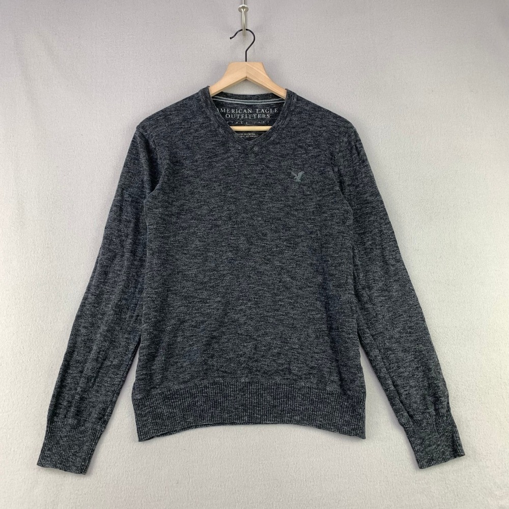 American Eagle V-Neck Sweater Mens Medium Gray Marl Cotton Knit‎ Logo Pullover